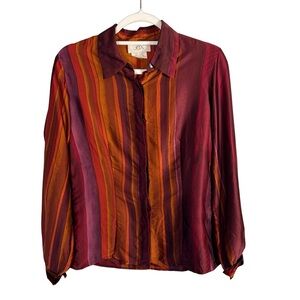 Jax Vintage Burgundy and Orange Striped Button Down Silk Shirt Size 6 Luxury